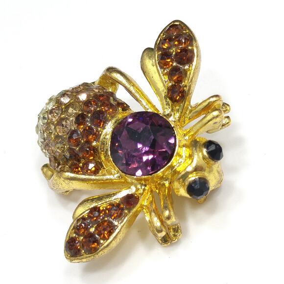 Vintage Bee Insect Rhinestone Brooch, Gold Plated, Unsigned Joan Rivers, 1990s - Picture 2 of 10